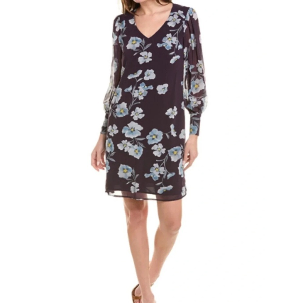 Cabi Ellery Dress Women M Purple Floral Sheer Sleeve Lined A-Line #4018 Feminine